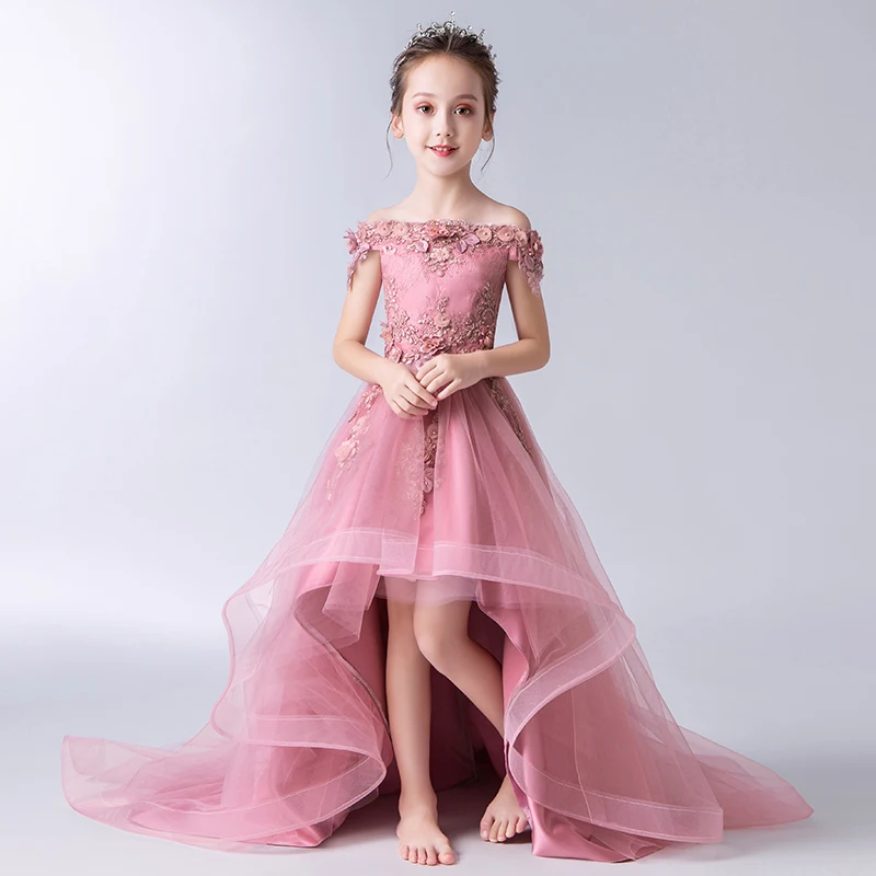 Элегантное платье с цветочной аппликацией и бусинами для девочек; праздничное платье принцессы с длинным шлейфом; свадебное платье; Детские платья для первого причастия