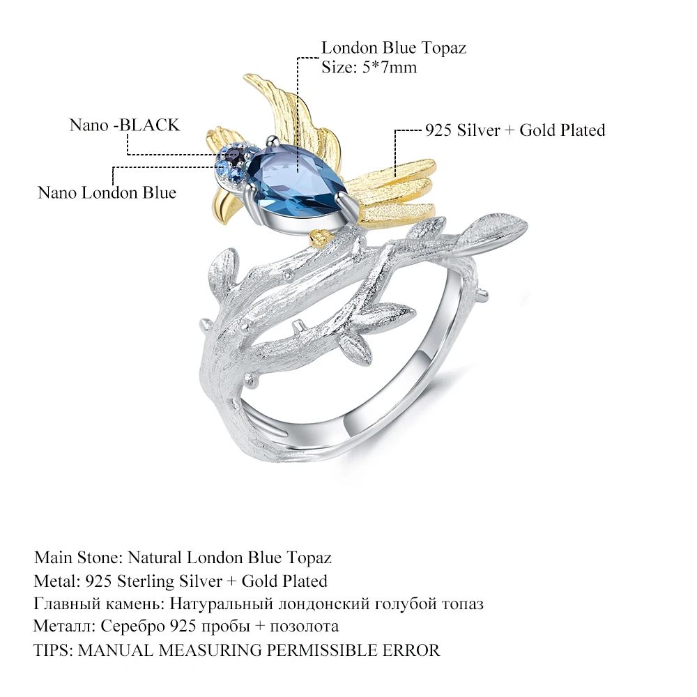 GEM'S BALLET 0.84Ct натуральный Лондон Голубой топаз драгоценный камень кольца 925 пробы серебро ручной работы птица на кольцо «ветка» для женщин Bijoux