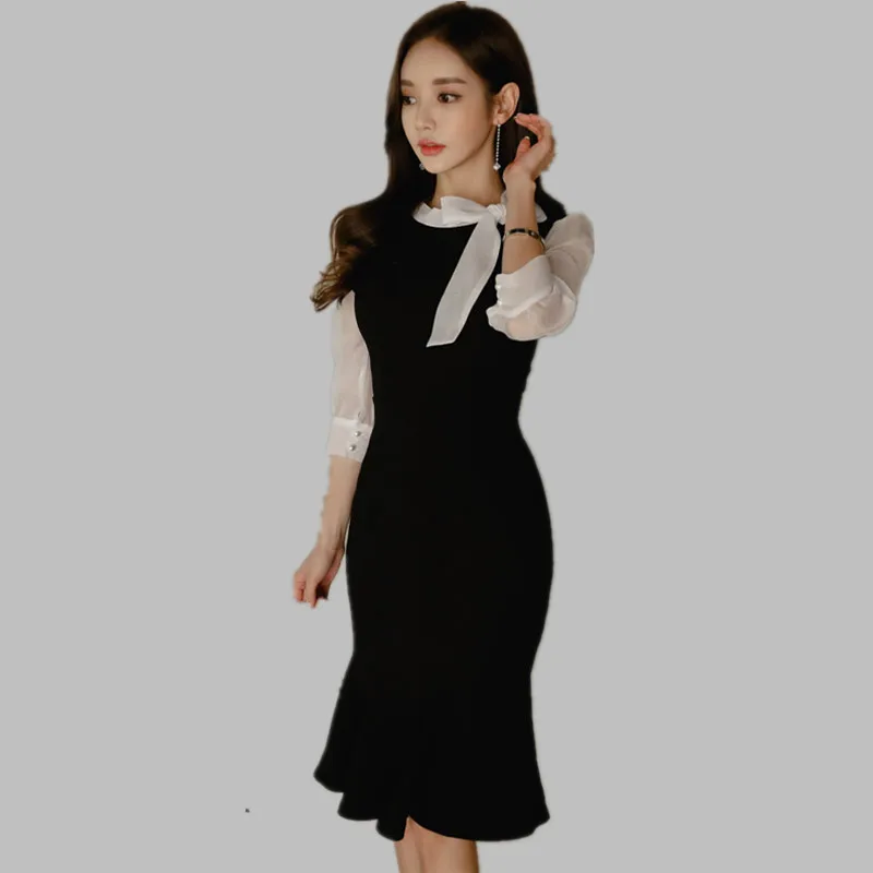

HAMALIEL Women Black White Patchwork Fishtail Dress 2019 Fashion Female Ruffles Tie Bowknot Bodycon Dress Office Ladies Clothing