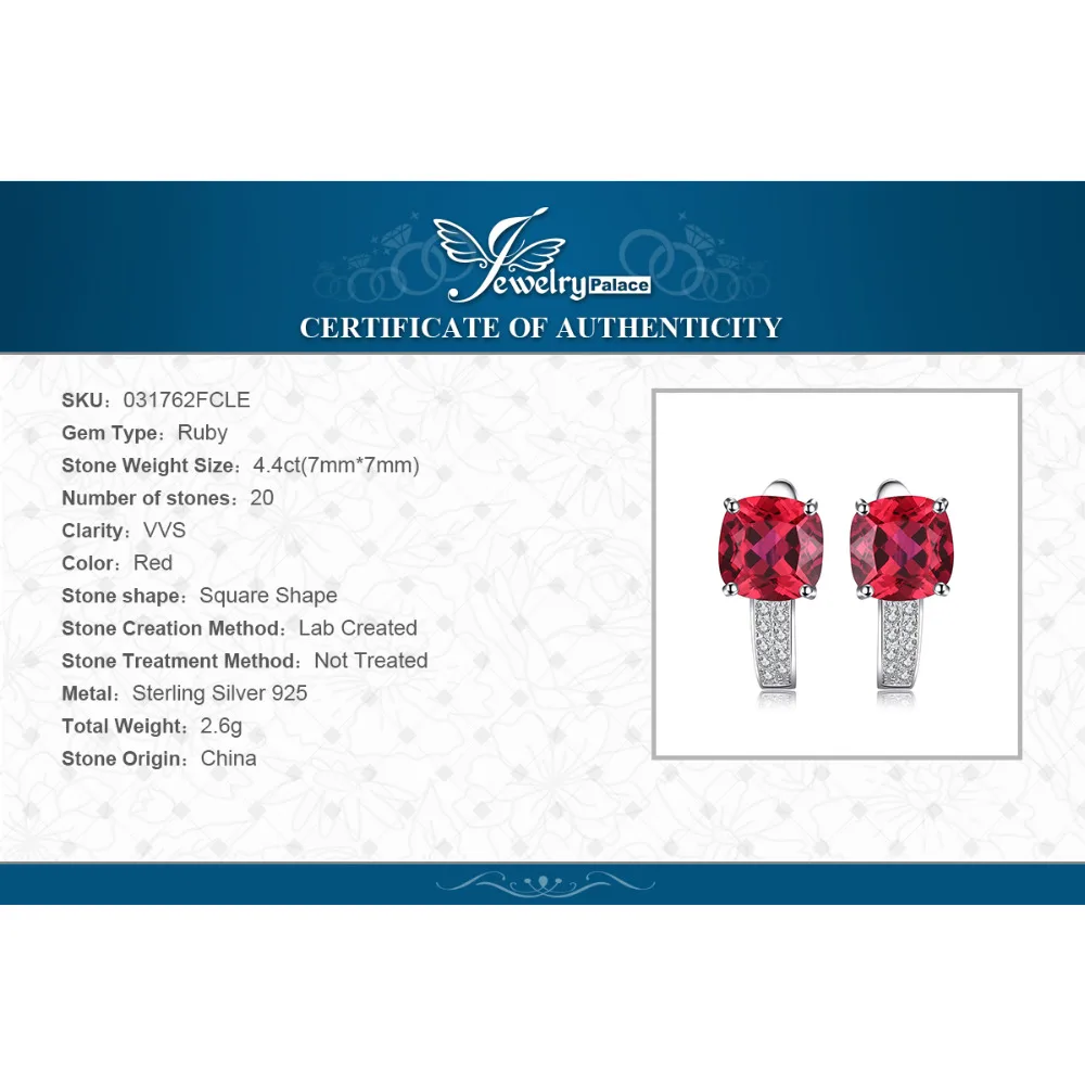 JewelryPalace 4.4ct Created Red Ruby 925 Sterling Silver Hoop Earrings for Women Cushion Cut Gemstone Jewelry Anniversary Gift - Image 6