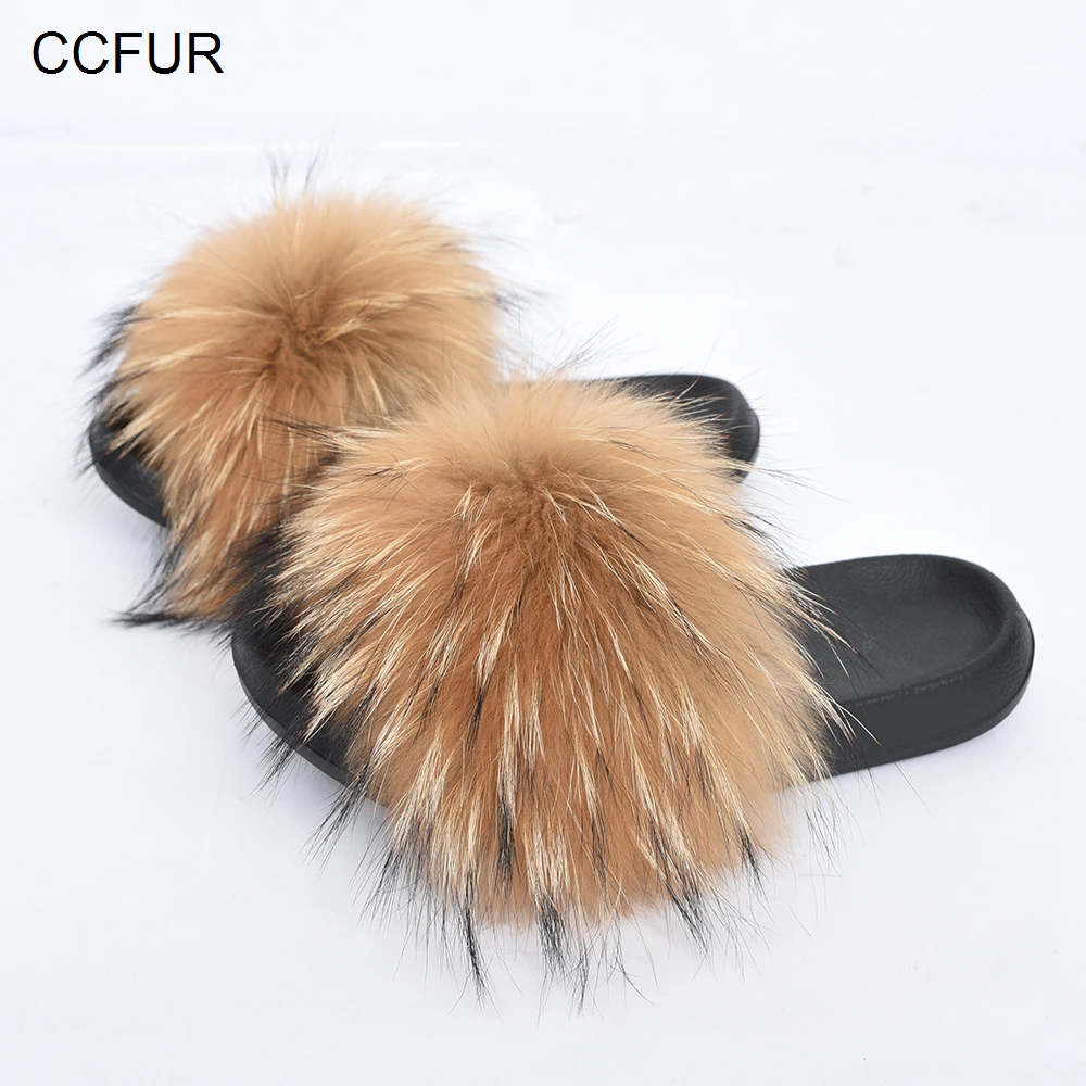 CCFUR Raccooon/меховые шлепанцы Женские с натуральным мехом Модные домашние пушистым