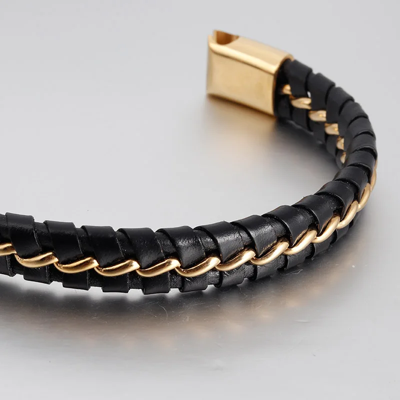 Простые черные плетеные кожаные браслеты ручной работы, мужские браслеты из нержавеющей стали, двухслойные магнитные Очаровательные золотые браслеты