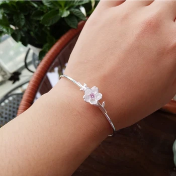 

High Quality 100% 925 Sterling Silver Chinese Elements Lotus Flowers Open Bracelets & Bangles For Women Vintage Style Jewelry