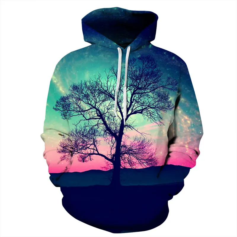 Mr.1991INC Men/Women New Fashion 3d Hoodies Print Nightfall Trees Designed Sweatshirts Unisex Space Galaxy Hooded | Мужская одежда