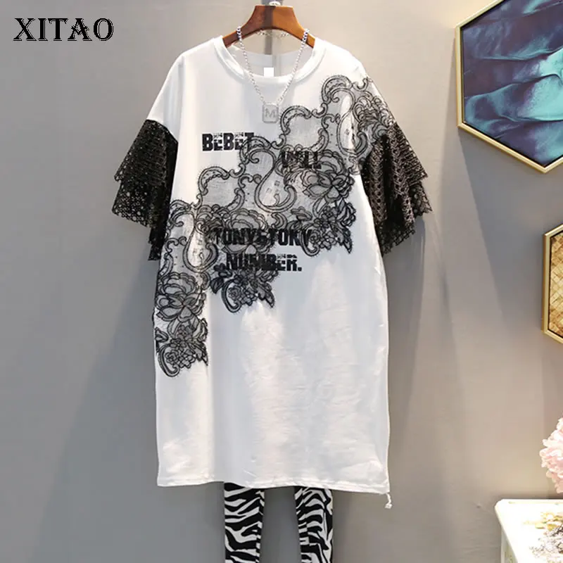 

[XITAO] Lace Women Korea Fashion 2019 Summer O-neck Short Sleeve Dress Female Letter Pattern Knee-length Casual Dress XJ1149