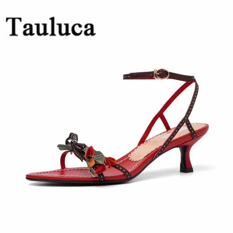 

Women Sandals 2019 Summer Genuine Leather Open Toe Stiletto Heels Shoes With Flowers Ankle Strap Buckle Low Heel Cowhide Shoes