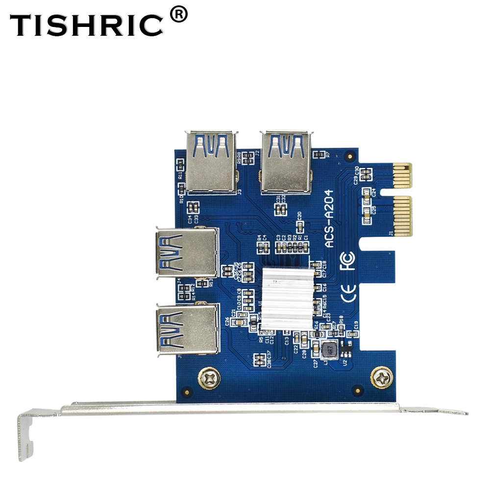 

TISHRIC Add in Card PCIE 1 to 4 USB 3.0 Slots Multiplier Pci Express Extender Riser 1x to 16x Port Hub Adapter For Btc Mining