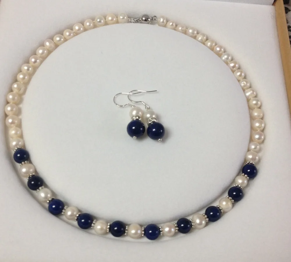 

DF65 8-9mm White Pearl Lapis Beads Necklace Earring Set 18"V0565GDG4