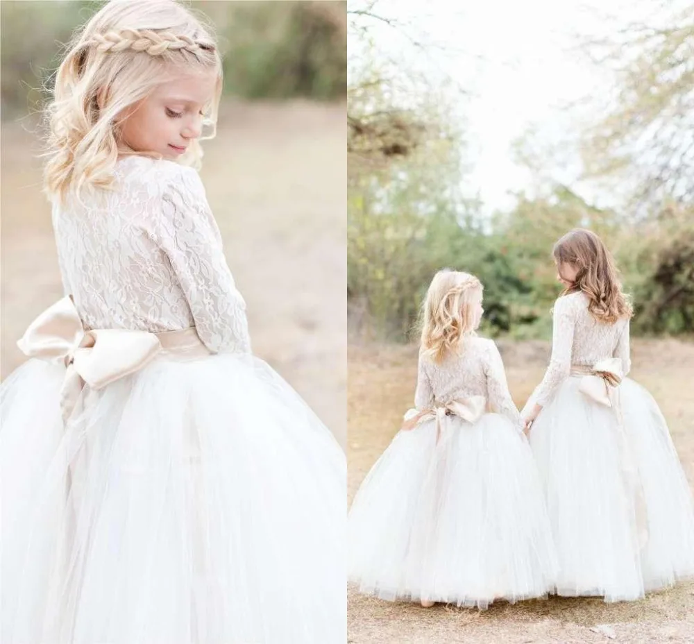 

2019 White Lace Long Sleeve Flower Girls Dresses Bow Sashes Puffy Ball Gown First Communion Dresses Girls Pageant Gown Custom