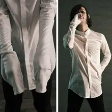 S-XXXL! Мужская Корейская Базовая Трикотажная однотонная белая рубашка с длинным рукавом тонкая короткая рубашка плюс размер певица костюмы одежда
