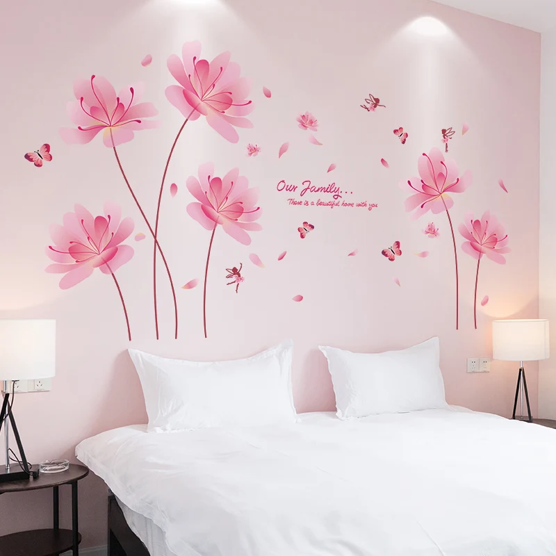 

[SHIJUEHEZI] Pink Color Flowers Wall Stickers PVC Material DIY Plant Mural Decals for House Living Room Bedroom Decoration