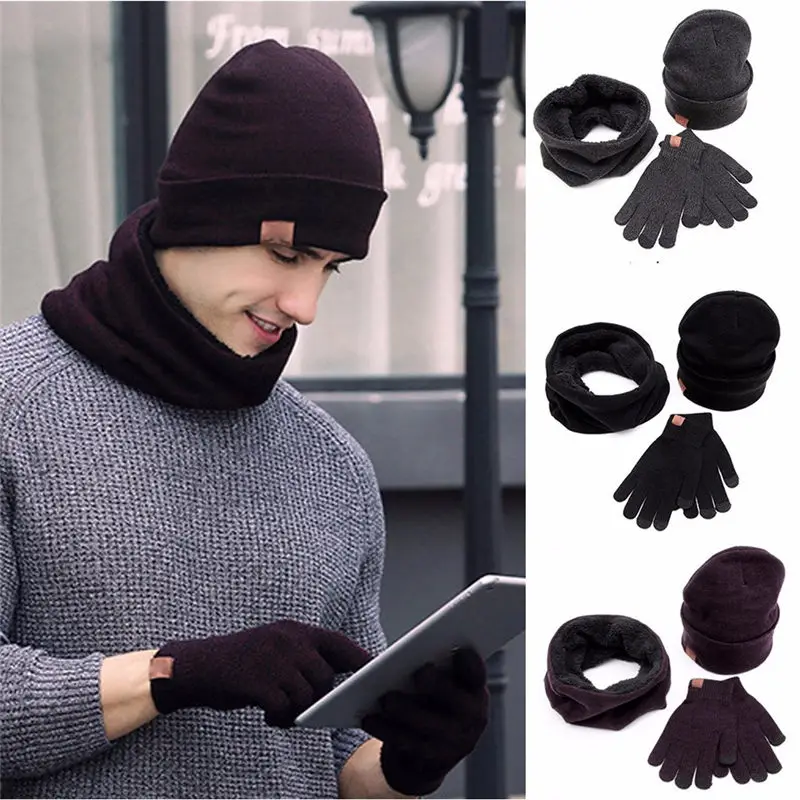  Man Ladies 3pc Winter Soft Knit Beanie Hat Scarf Screen Gloves Set women's scarves handkerchief hij