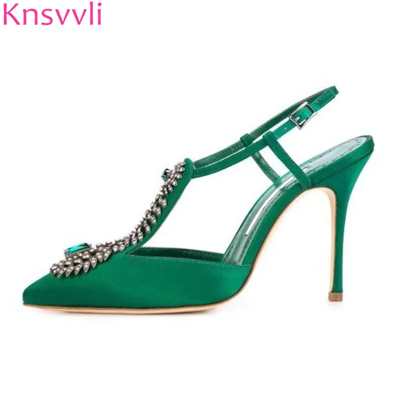 green satin pumps