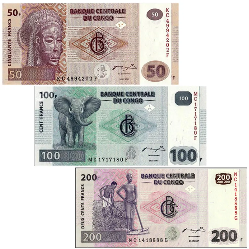 

CONGO SET 3 PCS 50 100 200 FRANCS 2007 / 2013 ( random year ) P 97 98 99 UNC world original banknote bill paper money gift