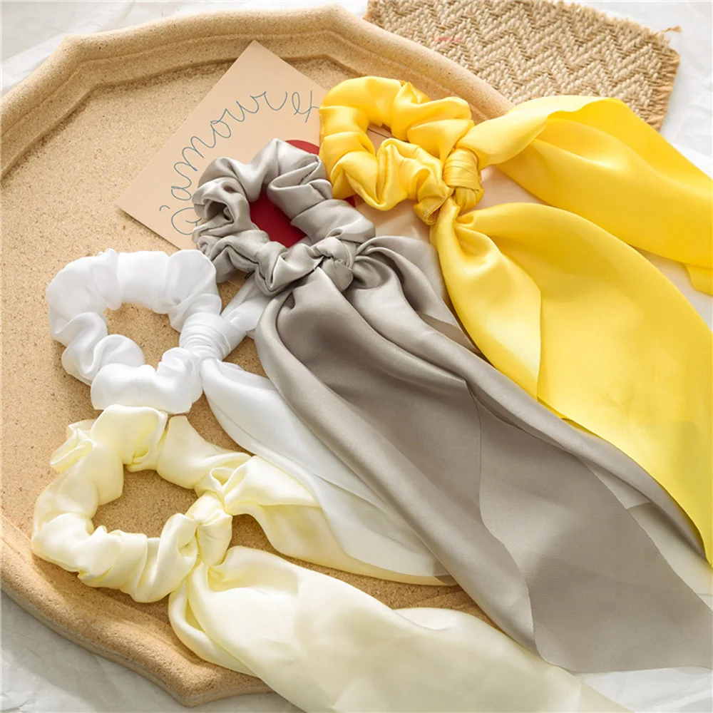 New Fashion Streamers Elastic Scrunchie Hair Bands Women Solid Color Hair Rings Bow Hair Accessories Daily Headwear Hair Ribbon