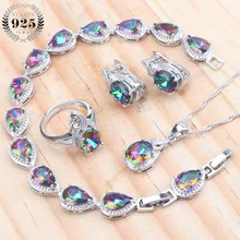 Радужный Цирконий, 925 пробы, серебро, Свадебные Ювелирные наборы для женщин, свадебные украшения, серьги, кольца, браслеты, ожерелье, набор, подарочная коробка