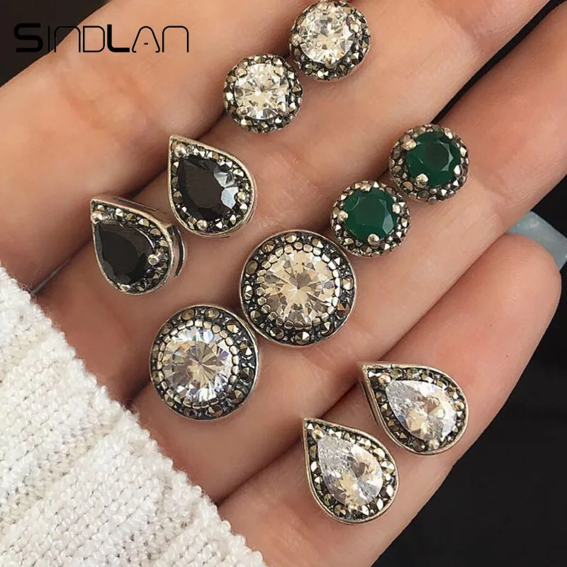 

Sindlan 5Pairs Korean Crystal Stud Earrings Set Green Black Gem Geometric Boho Droplet Earrings for Women Female Ear Jewelry