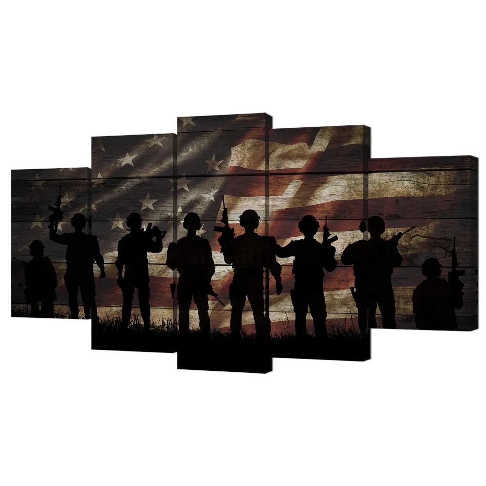 American Flag Military Soldiers Army Canvas Wall Art USA Flag Patriotic