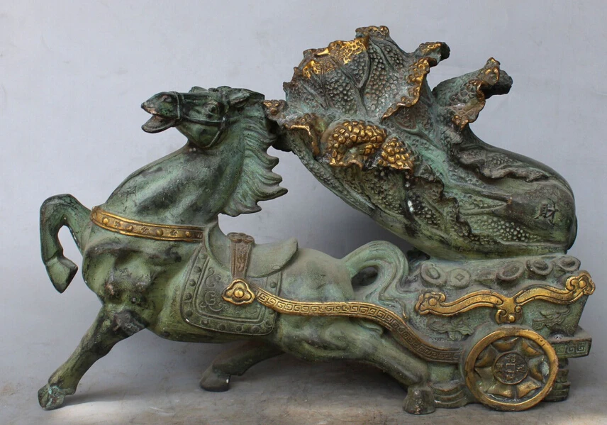 

Metal Crafts 12"marked China Bronze Gilt Successful Running Horse Pull Wealth Cabbage Statue old