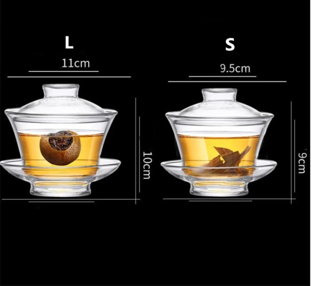 Gaiwan Толстая стеклянная чайная чашка с высоким термостойким захватом для чая-разрядки рук кунг-фу чайная игра