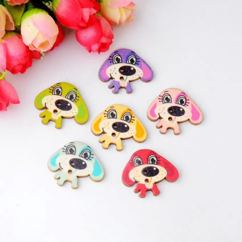 Free Shipping 50pcs Random Mixed Color Wood Buttons 2 Holes Dog Shape Sewing Scrapbooking