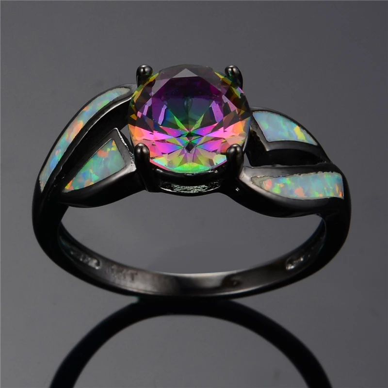 Очаровательное кольцо с белым огненным опалом, разноцветное кольцо Sappjire для мужчин и женщин, Радужное ювелирное изделие, Чёрное золото, обручальные кольца, Bijoux Femme RB0276