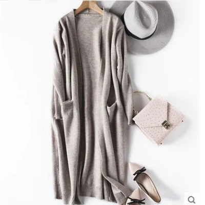 beige Модные элегантные трикотажные кардиганы женские осенние повседневные v-образный вырез длинный рукав длинный свитер пальто зимние свободные черные топы женские - Цвет: beige