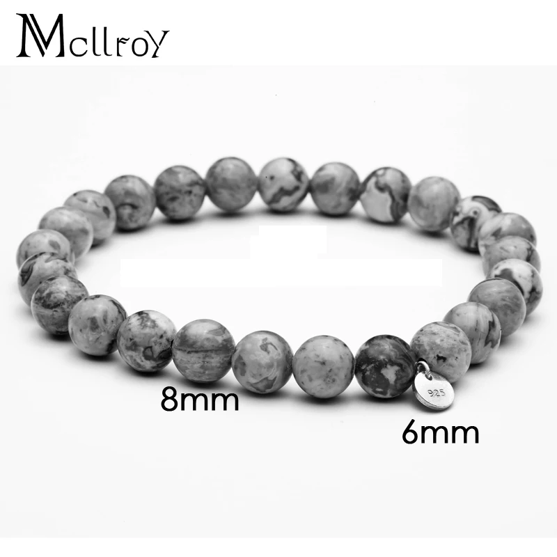 Мужской браслет Mcllroy Круглый с подвеской из натурального камня серый 8 мм|natural stone