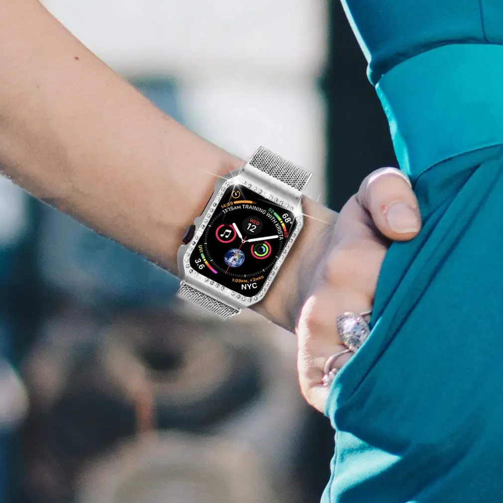 Ремешок+ Алмазный чехол для Apple Watch 38 мм 40 мм 44 мм 42 мм ремешок из нержавеющей стали Миланский Браслет-петля для iWatch 5 4 3 2 1 полосы