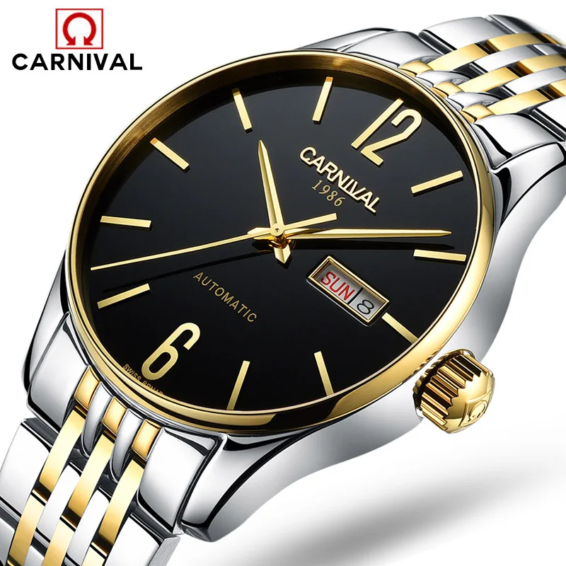 Carnival Watch Men Automatic Mechanical Luminous Gold Stainless Steel Waterproof Week Date Black Watches