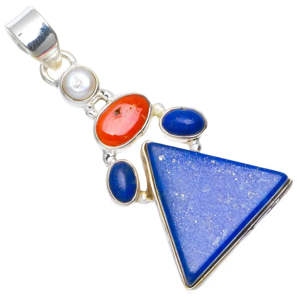 Natural Lapis Lazuli,River Pearl And Red Coral Handmade 925 Sterling Silver Pendant 2 D2993 Natural Lapis Lazuli,River Pearl And Red Coral Handmade 925 Sterling Silver Pendant 2 D2993