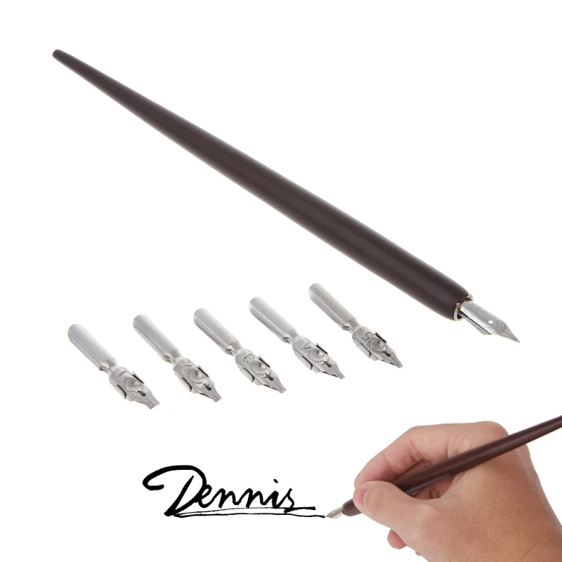 Fountain Pen Wood English Calligraphy Pen Copperplate Script Oblique Dip Pen Holder with 5 Nib