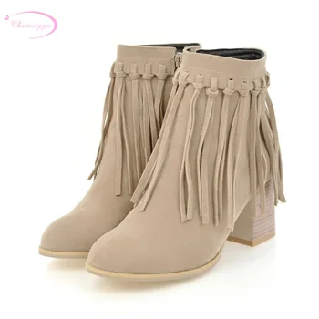

Chainingyee leisure style round toe nubuck ankle boots tassel zipper yellow beige high heels women's motorcycle boots