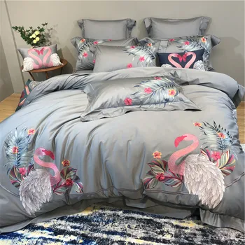 

Gary Luxury 100S Egyptian Cotton Flamingo Embroidery European Palace Bedding Set Duvet Cover Bed sheet/Linen Pillowcases 4/7Pcs