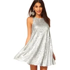 Save 3.84 on Women Vestidos Sex & Club Fashion Female Silver Color Sleeveless O-neck Casual A-Line Party Dress