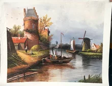 Free shipping New arrival Realist boats windmill river scenery oil painting handpainted wall pictures