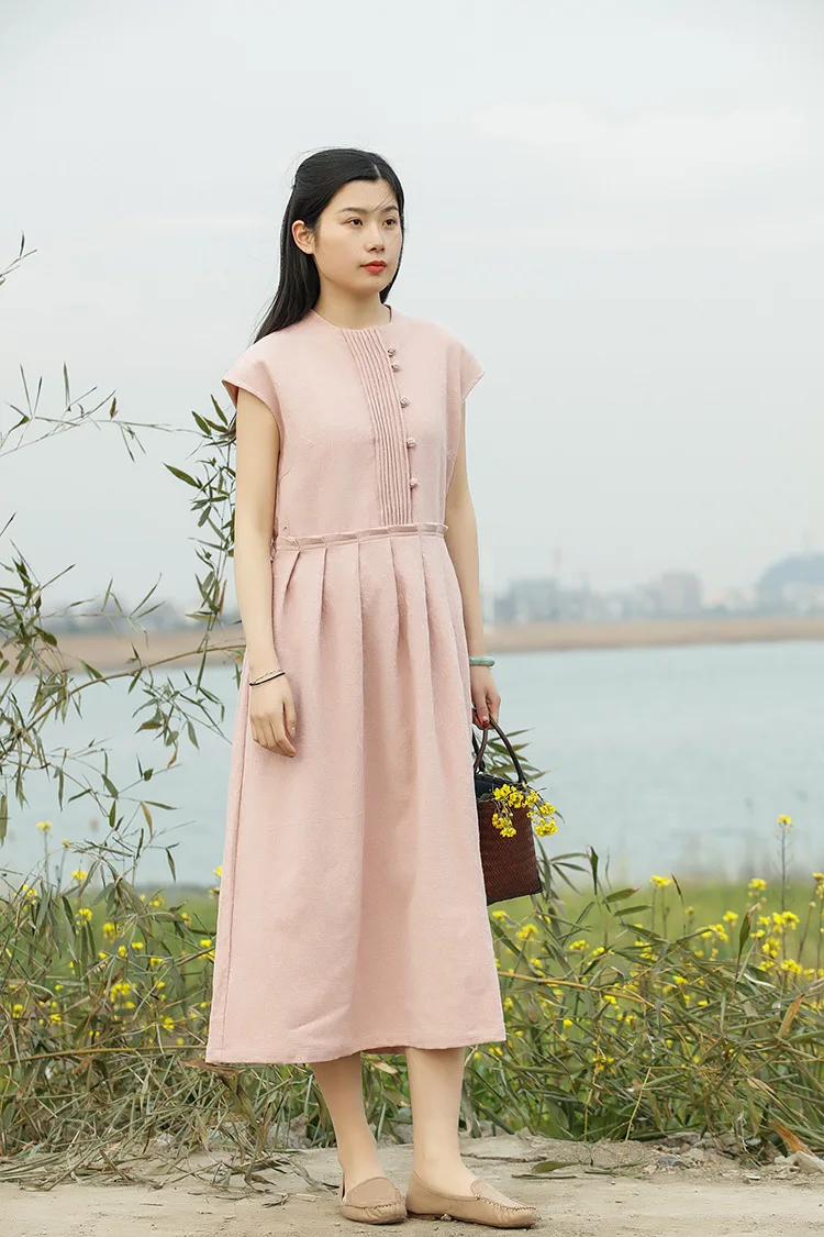 

2019 Spring and summer Women dress Seiko Retro Jacquard weave Flax Dress short sleeve o-neck pink mori dress N243