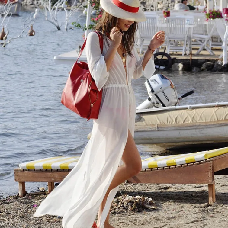 

Cover Up Swimsuit Summer Beach Dress Long Exit Of Bathroom Women Tunic Coverup Chiffon Pure Color Single Breasted Skirt Smock