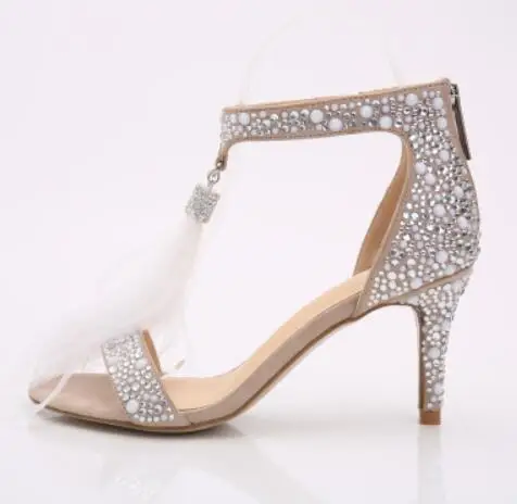 Bling свадебное платье свадебные туфли блестящие Украшенные стразами перо кисточкой Высокие каблуки пикантные открытый носок кристалл сандалии для женщи - Цвет: 7cm heel