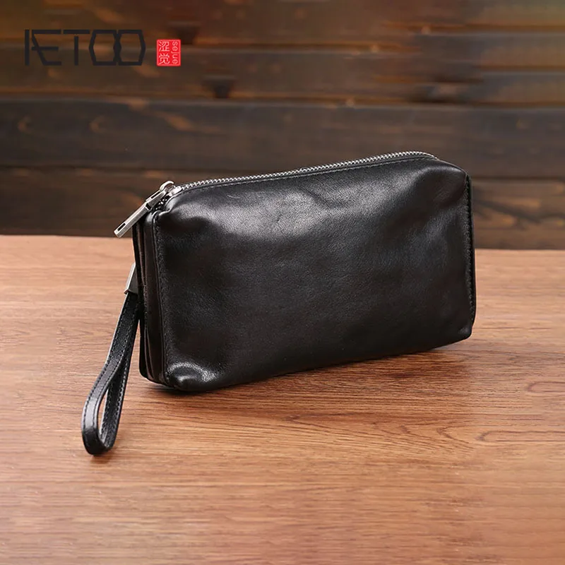 

BJYL Handbag men's leather soft leather retro casual long wallet men's head cowhide mobile phone bag