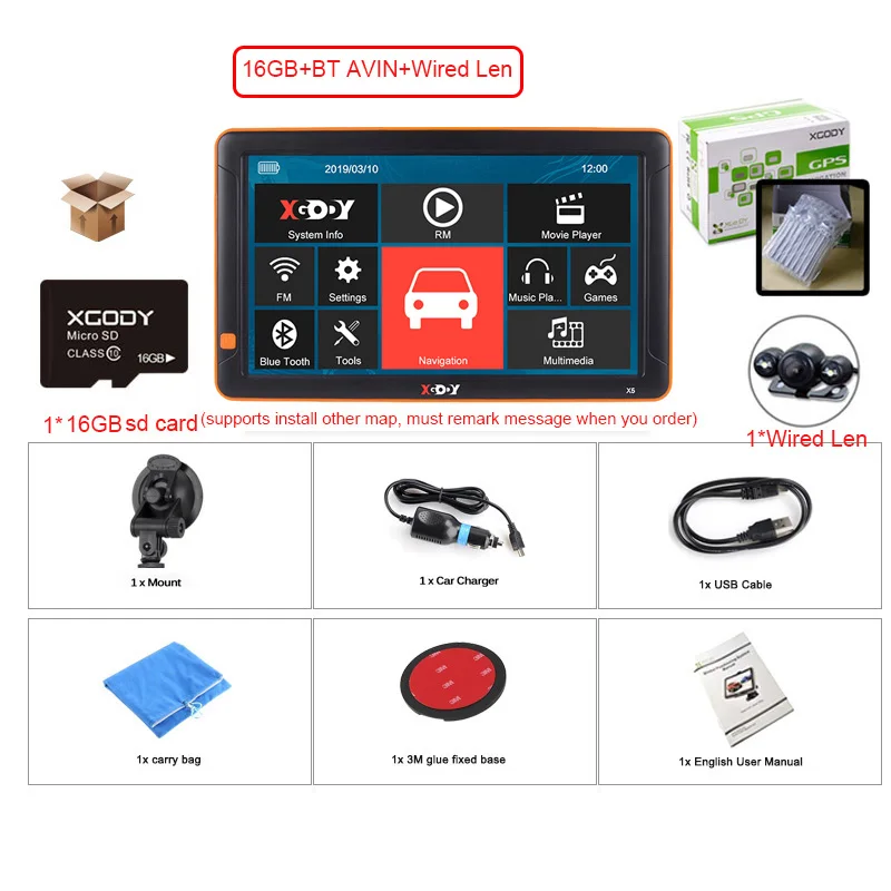 GPS-Wired Len-16G XGODY 9 ''Автомобильный gps навигатор Bluetooth AVIN 256 Мб 8 Гб Камера заднего вида Navitel Карта Европы Sat Nav Автомобильный навигатор gps - Размер экрана, дюймов: GPS-Wired Len-16G