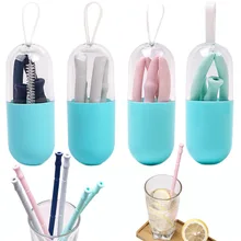 Складные для хранения пищевых продуктов силиконовая трубочка многоразовая Складная солома с чехлом и щетка для чистки путешествий для Дома Офиса напитков