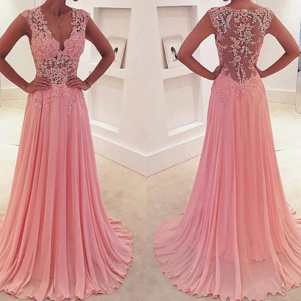 

SuperKimJo Pink Prom Dresses 2019 Cheap Chiffon Lace Applique Sleeveless Prom Gown Vestido De Festa Robe De Soiree