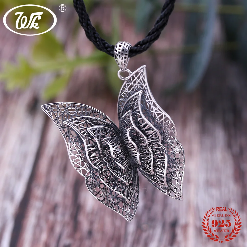

WK 925 Sterling Silver Large Big Butterfly Necklace Ethnic Filaments Woven Design Statement Pendants Necklaces Woman 20" 4WNZ085