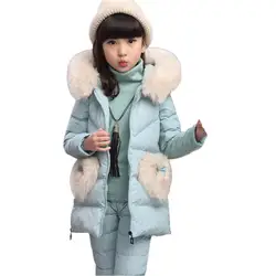 Детская одежда комплект для девочек модные зимние меха с капюшоном пуховик + парка брюки + блузка 3 шт. костюм верхняя одежда детская одежда