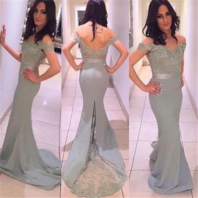 

Vestido Madrinha Mermaid Silver Lace Bridemaid Dresses 2019 Off The Shoulder Appliques Backless Prom Dresses for Wedding Party