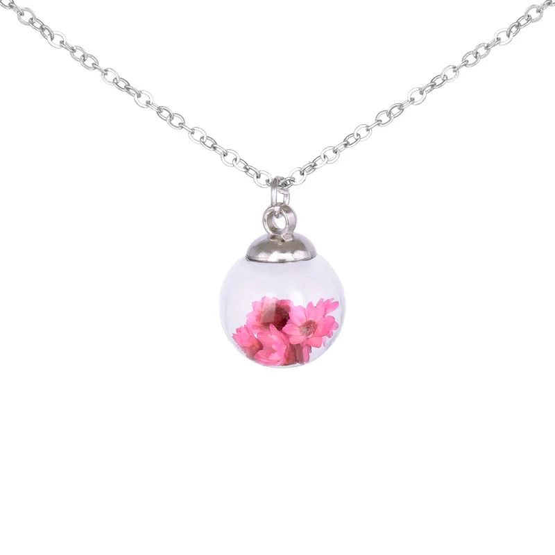 

Handmade Glass Bottle Jewelry with Silve Plated Dried flower Vial Wish Bottle Long Choker Pendant Necklace for Women Wedding