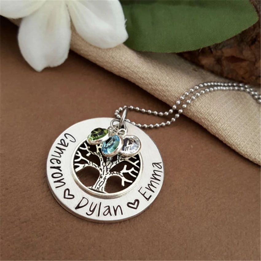 

Personalized Gold Necklace Family Tree Pendant Mom Necklace Crystal Birthstones Pendant Necklace Jewelry Long Custom Choker