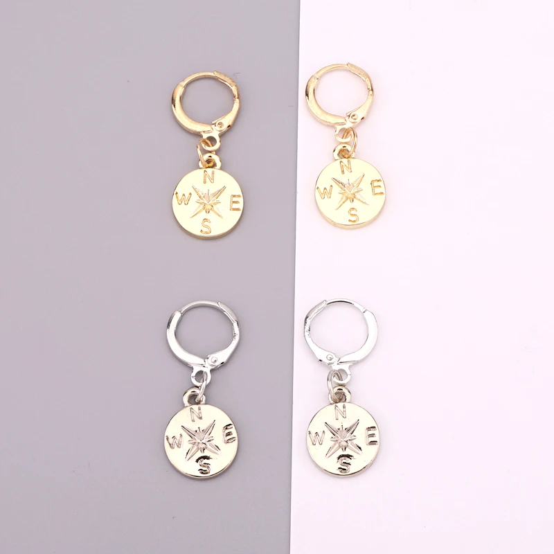 

1Pair Trendy Creative Round Compass Hoop Earrings Women Jewelry Unique Simple Gold Silver Color Small Pendant Earrings E234