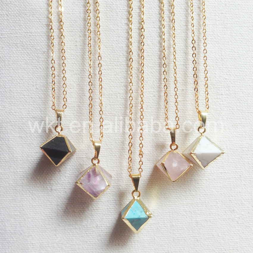 

WT-N695 Charm Polygon Stone Chain Necklace natural stone in gold electroplated pink quartz pendant gold chain necklace jewelry
